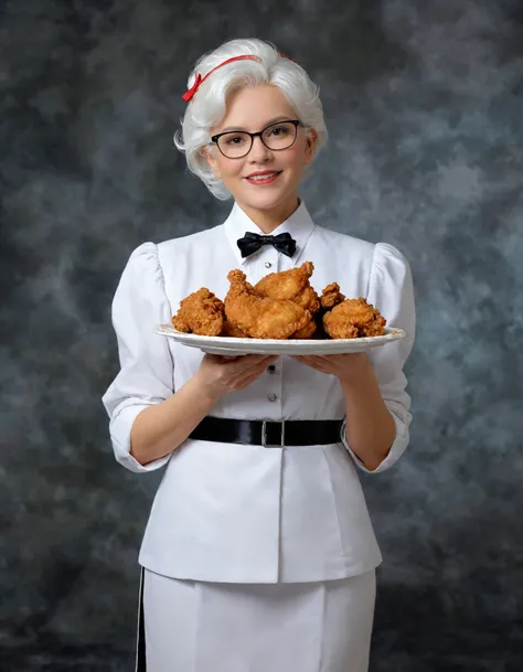 a female colonel sanders, holding a plate of fried chicken, 
masterpiece, best quality, realistic art,