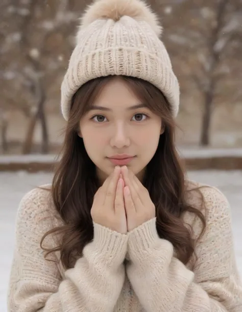masterpiece, best quality, raw photo, realistic, adult girl, (close up), looking at viewer, long hair, sweater, sweater hat, extremely beautiful detailed face, best shadow, medium breasts, (cute face, temptations look), supporting head on hands, snowing background, (sepia photography), (professional photo, balanced photo, balanced exposure)