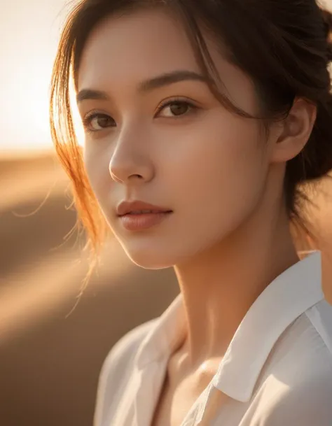 masterpiece, best quality, 1girl, extremely beautiful detailed face, best shadow, white shirt, (skin details, skin texture:0.5), (skin pores:0.3), (skin imperfections:0.2), (skin imperfections:0.4), (golden hour light from top), (sepia photography:1.0), (cinestyle:1.0), (professional photo, balanced photo, balanced exposure)