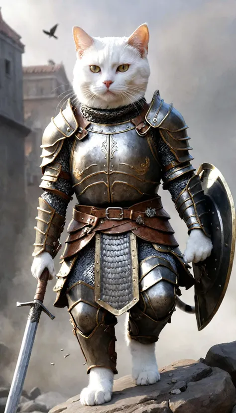 a masterpiece illustration of a cat equipping with heavy armor outfit, embarking on a journey to become the cat warrior, realistic,