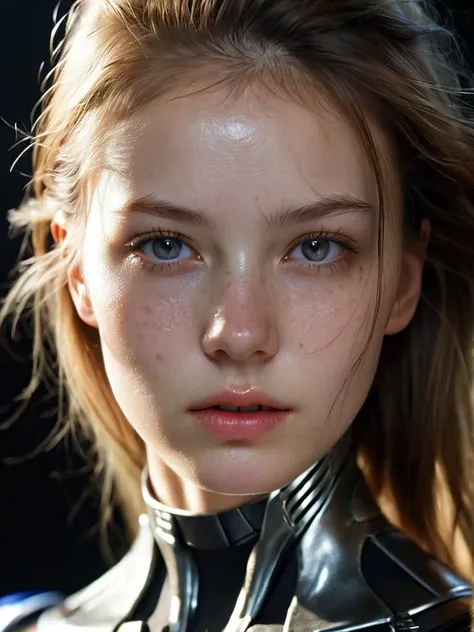 ,center, front,full portrait of girl, (best realistic),(highly detailed),(best Quality),(sharp focus),18 yo pretty girl, realistic white skin, slender,space warrior,metal,skin fluff, fine wrinkle, light and shadow,black background