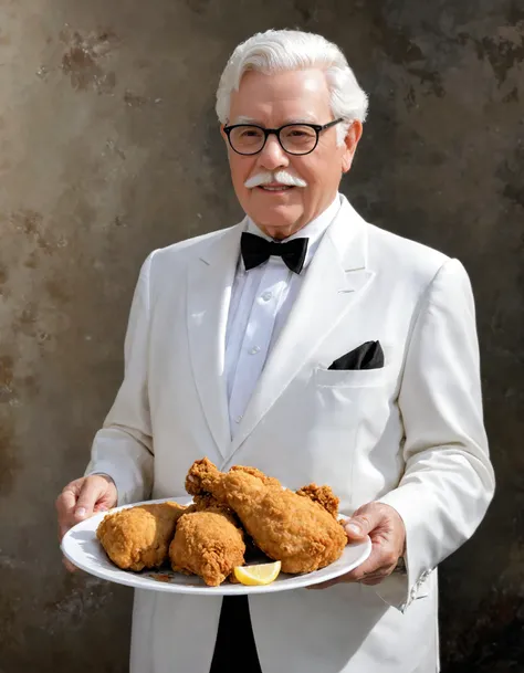 ((muscular)), colonel sanders, holding a plate of fried chicken,
masterpiece, best quality, realistic art,