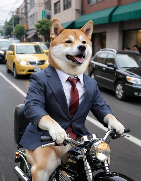 a shiba dog is driving on its way to work,wearing a suit and tie,crazy due to traffic jam,masterpiece illustrations,realistic,highly_detailed,illustration,highres,absurdres,finely_detailed_XXX,