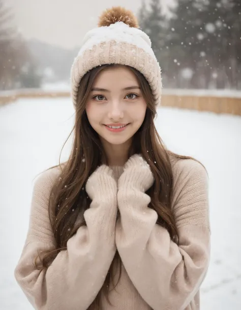 masterpiece, best quality, raw photo, realistic, (1girl, j-pop girl), (helf-length portrait:1.5), supporting head on hands, long hair, white sweater, sweater hat, (cute face, smile, temptations look), (snowing background), (sepia photography), (professional photo, balanced photo, balanced exposure)