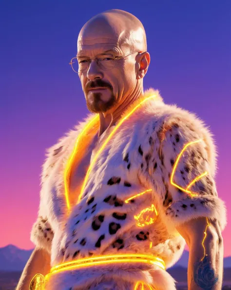 Glitter Drawing of a Walter White, wearing Kawaii Neutral Fur and Amber Toga, Masculine Pose, Ghostly leopard print Scars, at Golden hour, Sharp and in focus, Bombacore, electric indigo neon hue, 4K, Concept Art World, sparkles, technology