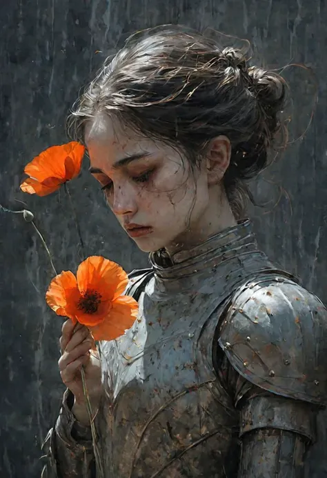 linquivera,coquelicot, beautiful woman, sorrowful expression, faded elegance, poignant atmosphere, lost beauty, melancholic aura, hauntingly captivating, timeless grief, stark contrast, delicate decay,line art,backlighting,wind,backlighting,stardust,(wind:1.2),knight,orange blood