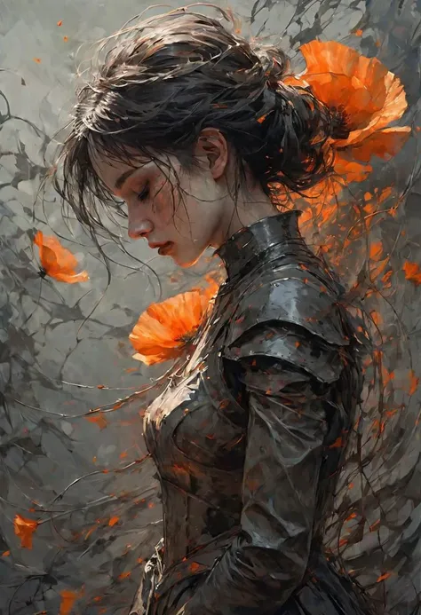 linquivera,coquelicot, beautiful woman, sorrowful expression, faded elegance, poignant atmosphere, lost beauty, melancholic aura, hauntingly captivating, timeless grief, stark contrast, delicate decay,line art,backlighting,wind,backlighting,stardust,(wind:1.2),knight,orange blood