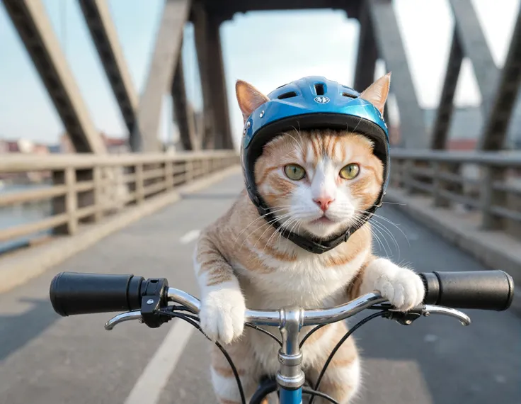 a photorealistic image of a cat wearing helmet riding a bike near bridge, 
depth of field,