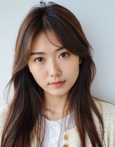 (masterpiece, best-quality, 8k, hdr, film grain), photo of Japanese girl in white cardigan, extreme detailed face, (skinny face, triangle face shape), flowing long hair, (close up portrait), soft bokeh, hard shadows, simple background, white background, (instagram photo),