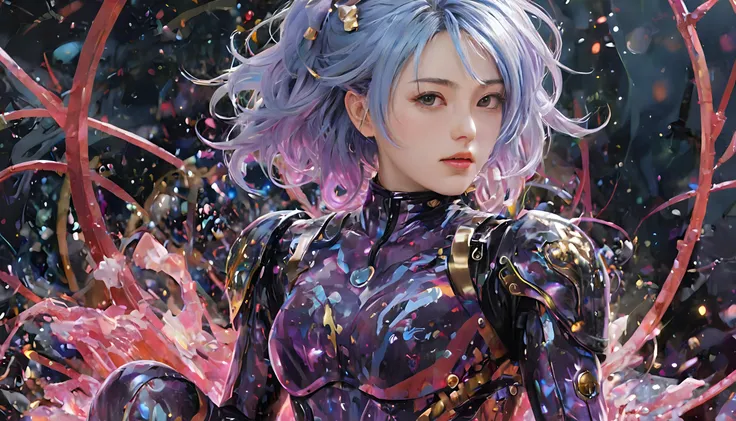 Chaotic maximalist anime illustration of an iridescent purple and black steel tight space suit worn by a woman with pastel blue hair, in the style of dark scarlet and light gold, liquid maximalist-core, use of precious materials, meticulous design, dark sanguine and pink, velvet - red and gold, stunning anime illustration, ray-tracing