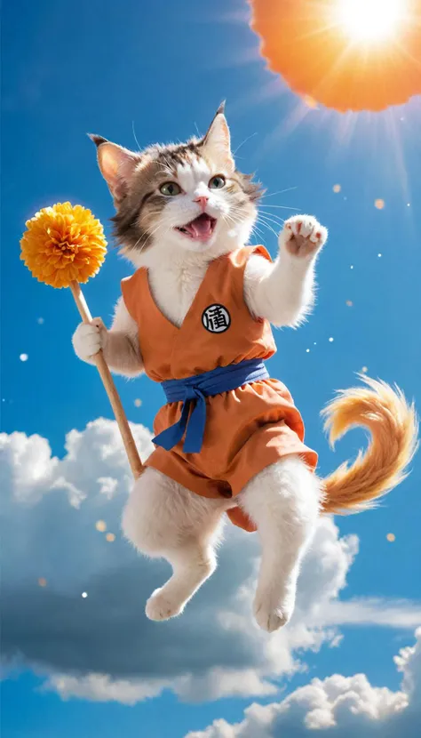 a masterpiece illustration of a cat cosplaying as son goku from dragon ball series riding a flying nimbus, blue sky, sunlight, bloom, bokeh,