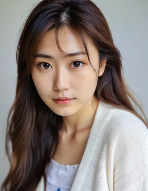 (masterpiece, best-quality, 8k, hdr, film grain), photo of Japanese girl in white cardigan, extreme detailed face, skinny face, triangle face shape, flowing long hair, (close up portrait), soft bokeh, hard shadows, simple background, white background, (instagram photo),