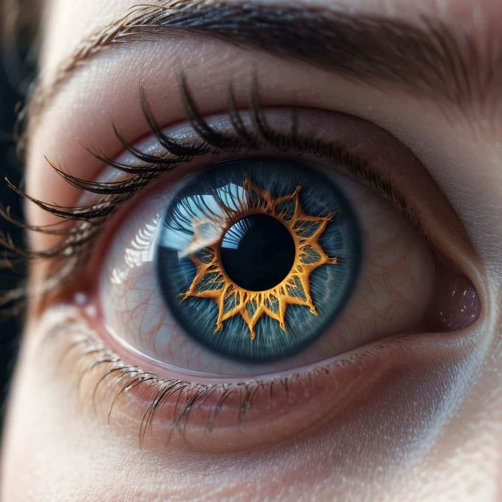 extreme macro shot, closeup of an eye, , detailed triangel fractal iris, eye of a young girl --s 750 --v 6.0 --style raw