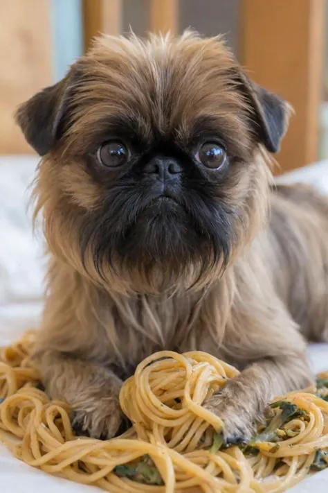 photo of a rough coat brussels griffon on a bed of spaghetti