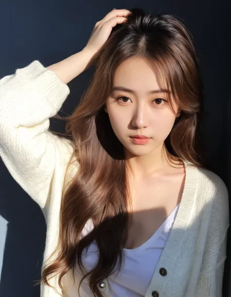 masterpiece, best quality, raw photo, realistic, instagram photo, portrait photo of 20 years old J-pop in white cardigan, (no markup), cleavage, pale skin, run her hand through her hair, (pout, thin lip), (flowing long hair), hard shadows, simple background