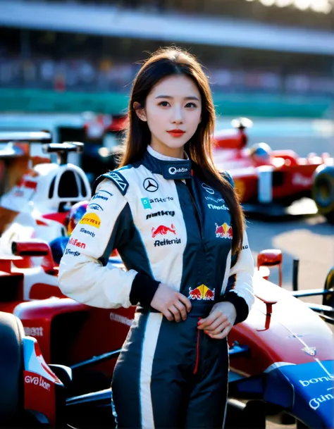 cinematic photo Formula 1 car, racing girl, adult girl, whole body, racing background, sunny day, light reflection . 35mm photograph, film, bokeh, professional, 4k, highly detailed