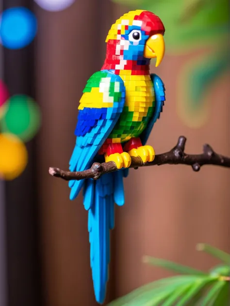 retro arcade style imagine a vibrant and colorful parrot figurine, its feathers shimmering with hues of blue, green, yellow, and red. this bird is perched confidently on a brown tree branch, facing to the right as if observing something in the distance. the background is an explosion of color, reminiscent of a cosmic event or a kaleidoscope. the entire scene exudes a sense of life and energy, reflecting the lively nature of a real life parrot. . 8 bit, pixelated, vibrant, classic video game, old office gaming, reminiscent of 80s and 90s arcade games