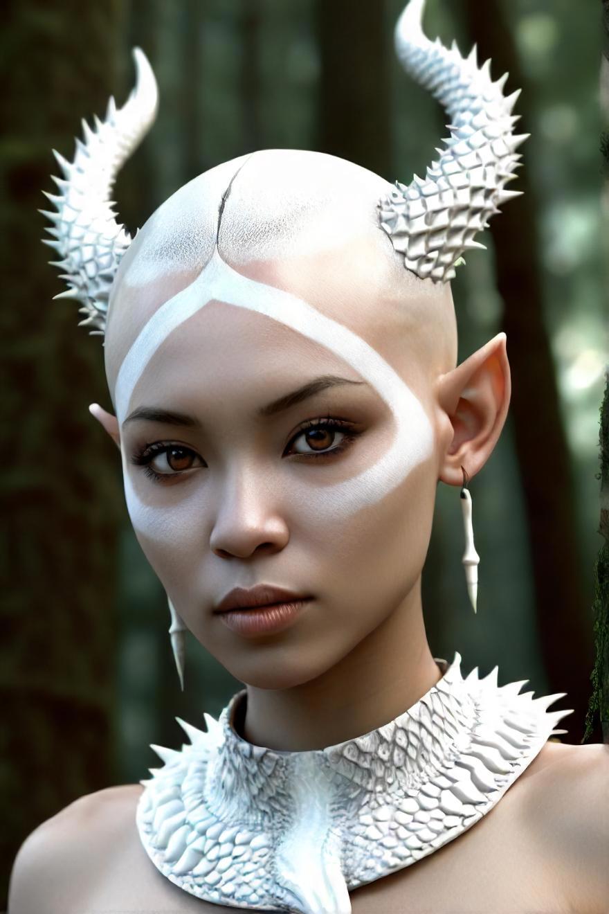 A close up of a woman with white makeup and horns on her head - SeaArt AI
