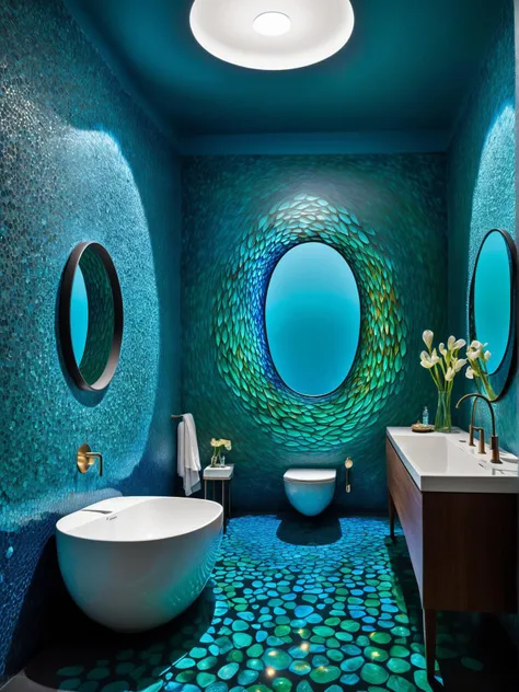 surrealist art imagine a bathroom, where instead of the traditional ceramic tiles and neutral colors, you step into a vibrant, psychedelic space that feels like stepping into an underwater wonderland. the walls are adorned with swirling patterns of blue and green hues, as if sea creatures are dancing in a lively ballet across the surface. the sink, acting as the focal point of this surreal setting, is made entirely out of shimmering crystal glass. as water flows from it, it refracts and sparkles under the light, adding to the magical ambiance. a mirror hangs above the sink, reflecting the whimsical scene. on the left side of the room, a faucet stands tall, spewing water like a miniature waterfall. water droplets dance around, creating a misty atmosphere that adds to the ethereal feel of the place. on the right side, a toilet seat wraps around the wall, camouflaging itself with a pattern reminiscent of coral reefs. it almost seems as if you're sitting on a hidden treasure beneath the ocean's surface. the floor, however, is not sand but rather a mosaic of different colored tiles, mimicking the kaleidoscope effect seen when looking through a glass of colored water. the entire room feels like an ever changing, colorful canvas where imagination takes flight, just like the stream and dam that are infused within its walls. . dreamlike, mysterious, provocative, symbolic, intricate, detailed