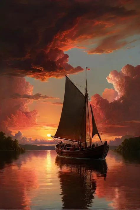 a view of a boat in the water at sunset with clouds, a picture inspired by frederic edwin church, pixabay, renaissance, dramatic sunset lighting, ((sunset)), sunset dramatic light