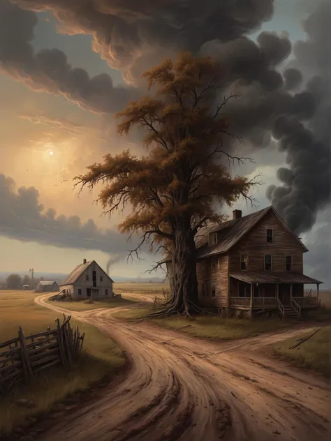 apocalyptic horror style painting of a farm with a tree and a dirt road, a fine art painting inspired by edward lamson henry, artstation, american scene painting, 1880 s big german farmhouse, country landscape, rural landscape . end of the world scenarios, widespread panic, survival against odds, dystopian themes