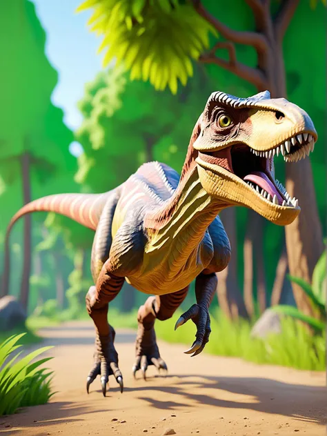 fortnite style the image presents a photorealistic depiction of a velociraptor, a theropod dinosaur known for its sharp teeth and distinctive posture. the velociraptor is standing on a dirt path, surrounded by an array of green foliage that gives the impression of a dense forest. the dinosaur's body is covered in brownish green scales, and its tail curves upwards, adding to its imposing presence. its legs are strong and sturdy, with sharp claws that can be seen clearly. the dinosaur's head is turned towards the viewer, displaying its open mouth filled with sharp teeth, giving a sense of its predatory nature. the overall scene creates a vivid and dynamic portrayal of this ancient creature in its prehistoric habitat. . cartoonish graphics, battle royale mode, building mechanics, vibrant colors
