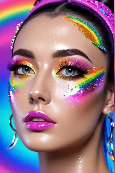 a woman with colorful hair and makeup with glitters on her face, creative colorfull makeup, pop makeup style, vibrant makeup makeup and rainbow wig, colorful rave makeup, portrait of a lisa frank, lisa frank style, beautiful gorgeous digital art, unreal engine : : rave makeup, rainbow eyes, gorgeous digital art, lisa frank, realistic portrait
