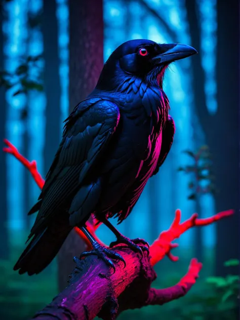 neon noir as the night envelops the forest, a large raven with jet black feathers and striking purple wings perches ominously on a twisted tree branch. its beady red eye glows menacingly as it stares into the distance, its silhouette sharply contrasted against the fading light of dusk. the rustling leaves in the background create an eerie ambiance, hinting at the presence of unseen creatures lurking in the shadows. the raven's haunting gaze and its dark, imposing form make it a perfect embodiment of the supernatural and foreboding atmosphere within the woods. . cyberpunk, dark, rainy streets, neon signs, high contrast, low light, vibrant, highly detailed
