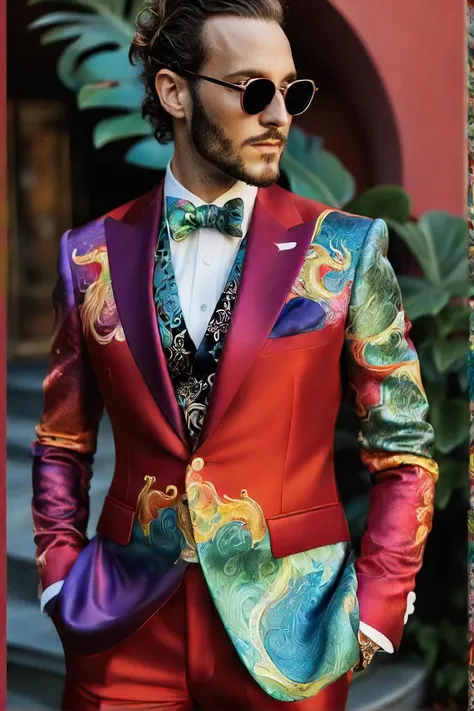 a man in a colorful suit poses for a picture, wearing an ornate suit, wearing a colorful men's suit, modern maximalist suit, dragon inspired suit, intricate suit, three piece suit, wearing ornate clothing, carmelo blandino, ornate dashing red garments, colorful rich fantasy clothing, dressed in colorful silk, ornate dark red opulent clothing