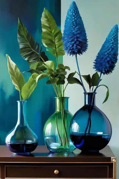 there are three vases with plants in them on a table, greens and blues, tones of blue and green, green and blue tones, blue green tones, blue and green, blue and purple plants, dark blue and green tones, blue and green colours, oil painting in a modern style, rich azure tones, soft blues and greens, plants in glass vase
