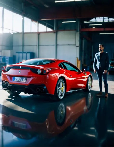cinematic photo adult man, whole body, ferrari, factory background, sunny day, light reflection . 35mm photograph, film, bokeh, professional, 4k, highly detailed