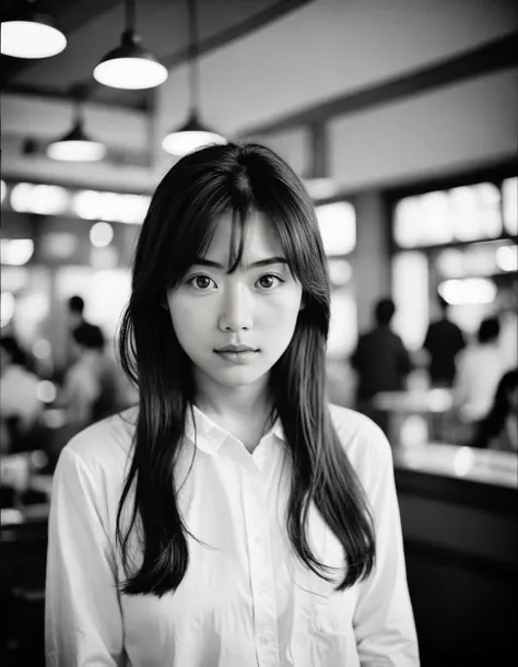 masterpiece, best quality, analogue photo of asian girl, long hair, eye level, high key lighting, photo by Leica M3 with 50mm lens, Tri-X 400 black and white film, (documentary photography, professional photo, balanced photo, balanced exposure)