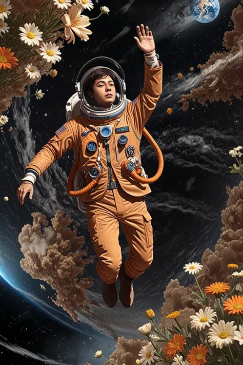 a tan suit and elegant flowers in a an astronaut floating in space in the style of detailed key anime art, high intensity, <lora:sdxl_lightning_8step_lora.safetensors:1.0>, <lora:add detail xl.safetensors:1.5>