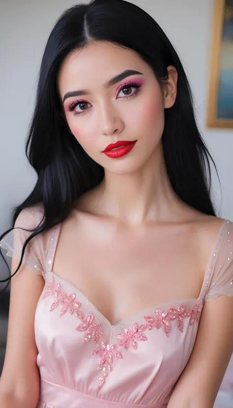 ((full body wide angle)), <lora:add-detail-xl:1> <ti:SimplePositiveXLv2>, masterpiece, best quality, 35mm photography, highly detailed, realistic, ethereal fantasy concept art of fit romantic 23 year old (Icelandic:1.1) woman with long jet black hair, brown eyes, beautiful face, shy smile, detailed eyes, full lips, ((lipstick,red lips,pink_shiny_lips,pink_eyeshadow,eyelashes,powder_blusher,make-up), BREAK, (necklace,earrings,bracelet), smile, Dynamic pose, warm light, cloudy, motivated light)), ((printed jumpsuit with strappy heels))