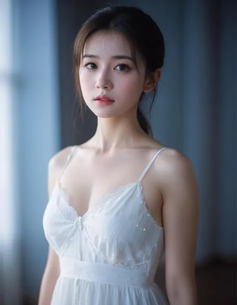 cinematic film still adult girl, whole body, medium breasts, looking at viewer, solo:1, white dress . shallow depth of field, vignette, highly detailed, high budget, bokeh, cinemascope, moody, epic, gorgeous, film grain, grainy