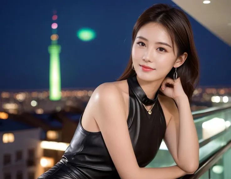 <lora:XDetail_light:1>, (Japanese,8k,masterpiece,best quality,high res,photo realstic,young woman,25 years old,175cm,fashion model,very beautiful face,white skin,healthy skin,detailed face and eyes,triangle small face,Upturned eyes,Innocent eyes,big breast,natural makeup,straight brown long h
air,Roman nose,heart-shaped chin,delicate ears,thin eyebrows,glamourous,smile:1.0), (black leather halter neck sleeveless shirt,black leather pocket shorts,black leather knee-high boots,necklace,earing:1.0), (fashion model pose in hotel balcony,whole body,sunset,portrait:1.0), (drinking a cocktail,portrait:1.0),, (Aurora Borealis in the sky:1.2)