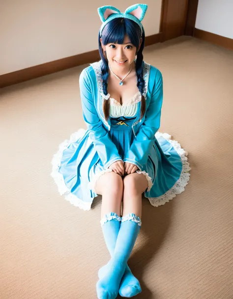 Photo of a J-POP with a charming cosplay is dressed in a stylish [[amber|blue:0.3] cropped_shirt and [amber|blue:0.7] lace_skirt|[pink|amber:0.3] crochet dress|silver leprechaun costume|[aqua|yellow:0.3] jacket dress]. She has Exquisite delicate crystal clear skin and small with deep cleavage. She has a stunningly symmetrical and strikingly beautiful teasing_smile face with a nose blush, large captivating eyes, She completes her outfit with [coral|hazel:0.3] socks and [gray|brown:0.3] leather shoes. Her absurdly long hair vibrant indigo hair is pulled up into a sleek straight. The scene is set at an indoors, haunted library. The woman is pussy focus,lying,spread legs,crossed_legs,hugging_own_legs and finds a couch to pose,  showcasing her full figure. The atmosphere is serene, with the warm sunlight casting soft shadows and enhancing the overall balance between youthfulness and cultural heritage in the composition.