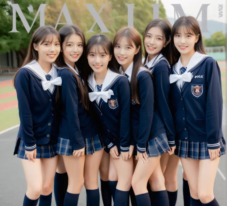 best qualtiy,
high resolution,
RAW photo,
8K,
ultra-detailed,
detailed textures,
hyper-realistic skin,
detailed face,
detailed eyes,
detailed skin textrue,
hyperrealism,
photo realistic,
brown eyes,
black hair,
sharp focus,
(medium full shot:1.1),
(5girl:1.1), five Japanese girls are standing at school ground with seducing smile, laughing, 18 years old,
translucent, fair skin,
they are (cute:1.1) and (young face:1.1) but each has unique cute face, not similar face, wearing navy blue school uniform,
they are lined up and each unique posing for a photo of cover of maxim magazine korea,