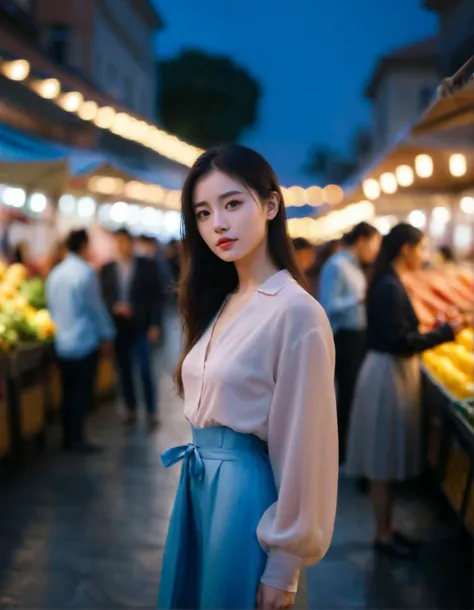 cinematic photo adult girl, whole body, market background, sunset, light reflection . 35mm photograph, film, bokeh, professional, 4k, highly detailed