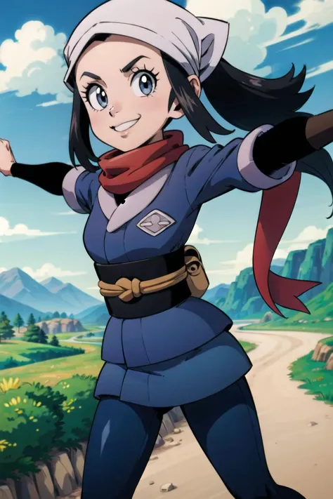 1girl, solo, masterpiece, 8k, best quality, flat color, <lora:Yamamoto_Doujin_v2_Dim64:0.4>, , pokemonakari, smile, looking at viewer, running, ponytail, head scarf, jacket, red scarf, jacket, sash, shirt, pantyhose, , landscape scenery, <lora:pokemon_akari:1.0>