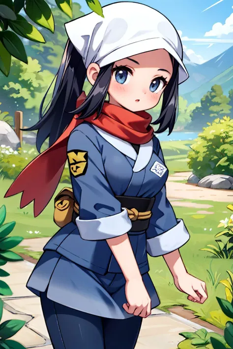 (Masterpiece:1.3), (best quality:1.2), 1girl, <lora:LA_Akari-10_justTNP:1.0>, pokemonakari, ponytail, head scarf, jacket, sash, shirt, pantyhose, red scarf, medium breasts, outdoors