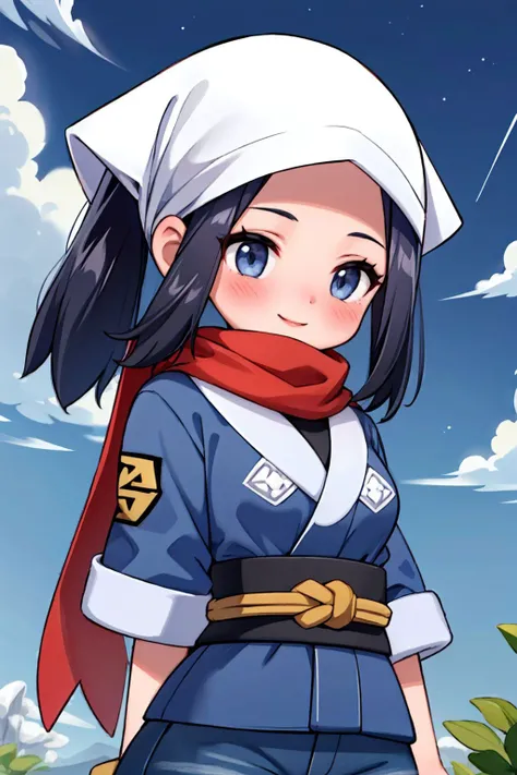 (Masterpiece:1.3), (best quality:1.2), 1girl, <lora:LA_Akari-10_justTNP:1.0>, pokemonakari, head scarf, ponytail, jacket, sash, shirt, red scarf, medium breasts, (blush:1.1), (soft lips:1.1), (looking down:1.1), (hands behind back:1.1), (shy smile:1.3), outdoors, (night sky:1.1),