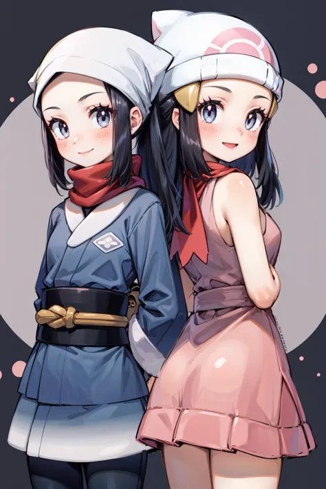 masterpiece,best quality,2girls,(standing,back-to-back),simple background,<lora:Concept-control tool-add_detail-CyberAIchemist:0.9>,
AND 2girls,standing,back-to-back,(1girl,pokemonakari,ponytail,black hair,grey eyes,head scarf,jacket,saash,shirt,pantyhose,red scarf,smile,<lora:pokemon_akari:0.9>),
AND 2girls,standing,back-to-back,(1girl,dawn \(pokemon\),black shirt, sleeveless, red scarf, pink skirt, white headwear, beanie,smile,<lora:DawnLora:0.6>),