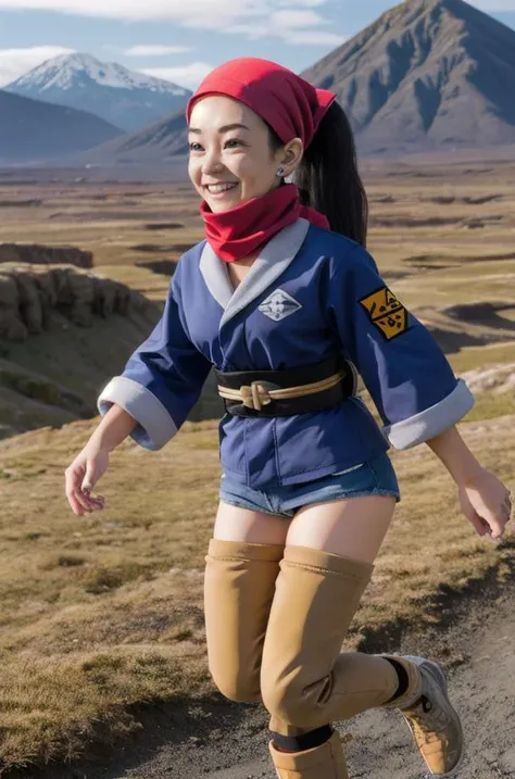 1girl, solo, masterpiece, 8k, best quality, flat color, <lora:Yamamoto_Doujin_v2_Dim64:0.4>,  , pokemonakari, smile, looking at viewer, running, ponytail, head scarf, jacket,  red scarf, jacket, sash, shirt, pantyhose, , landscape scenery,   <lora:pokemon_akari:1.0>