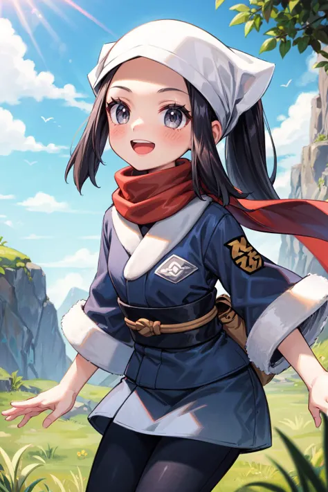 masterpiece,best quality,1girl,pokemonakari,ponytail,black hair,grey eyes,head scarf,jacket,saash,shirt,pantyhose,red scarf,smile,open mouth,sunlight,grass,cliff,<lora:Concept-control tool-add_detail-CyberAIchemist:0.8>,<lora:pokemon_akari:1>,