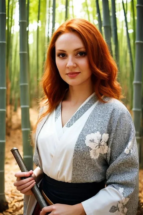 portrait photo, natural woman,high quality photo, perfect details and textures, highly detailed front view, perfect lighting, perfect composition, perfect lighting,<lora:xxcriscas-07:1> redhead xxcriscas with a kimono and a samurai katana in the bamboo forest
