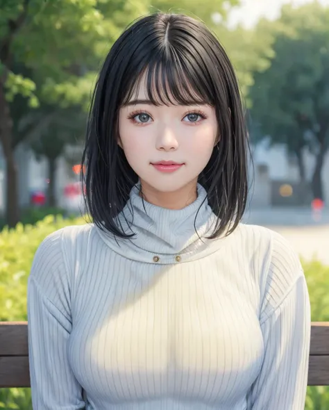 pureerosface_v1:0.3, best quality, photorealistic, 8k, high res, full color, 1girl, woman, 20 years old woman, closed mouth, (skindentation), (portrait:0.6), trees, park bench, daylight, ((park background:1.52)), full color, ((necksweater:1.68)), looking at viewer:1.8, (1girl eyes looking at viewer:1.55), (medium-length hair, blackhair, partedbangs:1.45), (bokeh), <lora:AAV-nozomi:0.7>