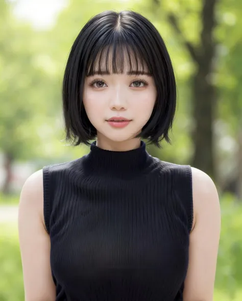 pureerosface_v1:0.3, best quality, photorealistic, 8k, high res, full color, 1girl, woman, 20 years old woman, (skindentation), (portrait:0.6), trees, park bench, daylight, ((park background:1.52)), full color, ((necksweater:1.68)), looking at viewer:1.8, (1girl eyes looking at viewer:1.55), (short-length hair, black bobhair, partedbangs:1.45), (bokeh), <lora:AAG-nozomi2:0.7>