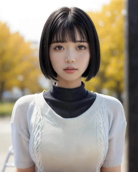 pureerosface_v1:0.3, best quality, photorealistic, 8k, high res, full color, 1girl, woman, 20 years old woman, closed mouth, (skindentation), (portrait:0.6), trees, park bench, daylight, ((park background:1.52)), full color, ((necksweater:1.68)), looking at viewer:1.8, (1girl eyes looking at viewer:1.55), (short-length hair, black bobhair, partedbangs:1.45), (bokeh), <lora:AAG-nozomi2:0.7>