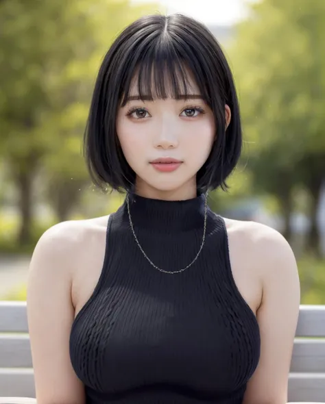 pureerosface_v1:0.3, best quality, photorealistic, 8k, high res, full color, 1girl, woman, 20 years old woman, (skindentation), (portrait:0.6), trees, park bench, daylight, ((park background:1.52)), full color, ((necksweater:1.68)), looking at viewer:1.8, (1girl eyes looking at viewer:1.55), (short-length hair, black bobhair, partedbangs:1.45), (bokeh), <lora:AAG-nozomi2:0.7>